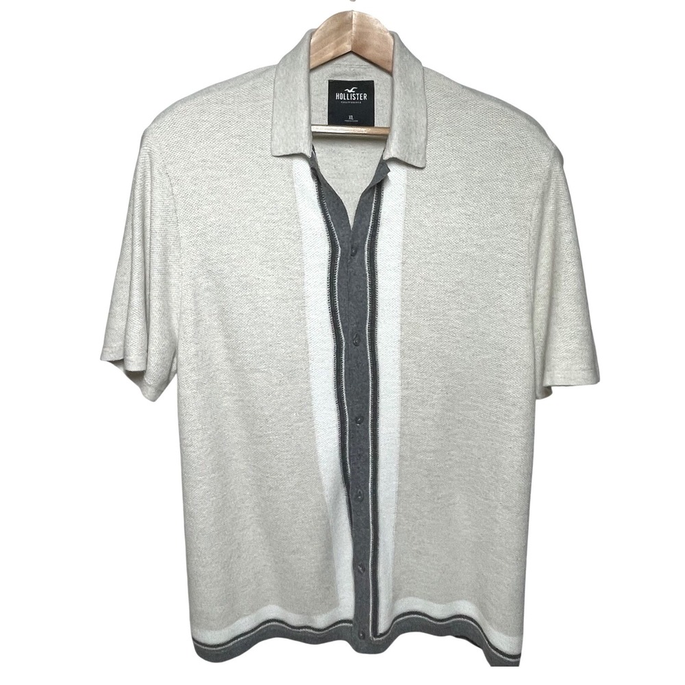 Hollister Mens XL Knit Short Sleeve Button Down Shirt Cream Grey Retro Stripe